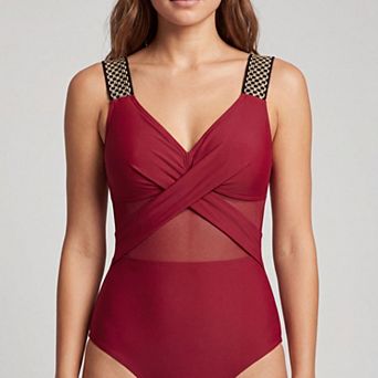 Women's One Piece Swimsuit with Cross Front Detail, Mesh Waist Panel and Patterned Wide Straps