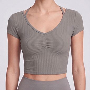 Women's Ribbed Short Sleeve Crop Top with V-Neckline, Ruched Front and Back Cutout Detail