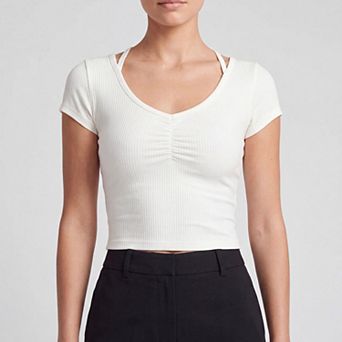 Women's Ribbed Short Sleeve Crop Top with V-Neckline, Ruched Front and Back Cutout Detail