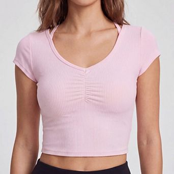 Women's Ribbed Short Sleeve Crop Top with V-Neckline, Ruched Front and Back Cutout Detail