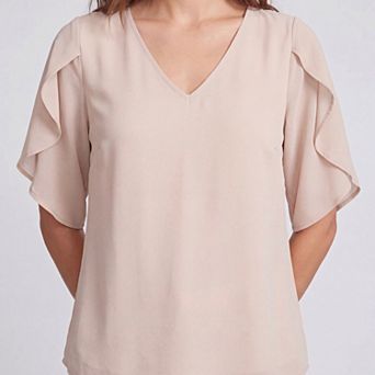 Women's V-Neck Blouse with Flutter Sleeves, Relaxed Fit and Pleated Back Detail