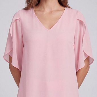 Women's V-Neck Blouse with Flutter Sleeves, Relaxed Fit and Pleated Back Detail