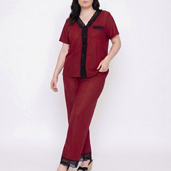 Women's Plus Size 2 pc Pointelle Button Front Short Sleeve Pajama Top and Pants Set