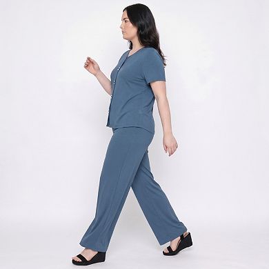 Women's Plus Size 2-Piece Short Sleeve Button Front Pajama Top and Wide Leg Pants Lounge Set