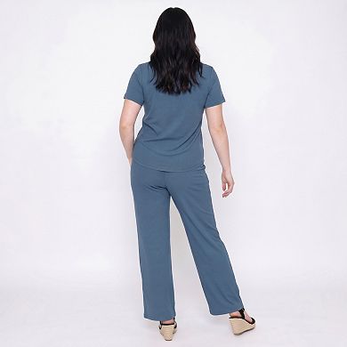 Women's Plus Size 2-Piece Short Sleeve Button Front Pajama Top and Wide Leg Pants Lounge Set