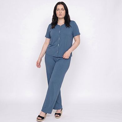 Women's Plus Size 2-Piece Short Sleeve Button Front Pajama Top and Wide Leg Pants Lounge Set