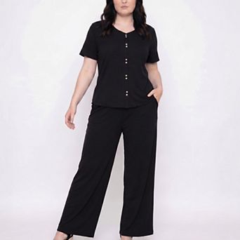Women's Plus Size 2 pc Short Sleeve Button Front Pajama Top and Wide Leg Pants Lounge Set