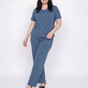 Women's Plus Size 2 pc Short Sleeve Button Front Pajama Top and Wide Leg Pants Lounge Set