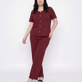 Women's Plus Size 2 pc Short Sleeve Button Front Pajama Top and Wide Leg Pants Lounge Set