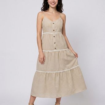 Women's Striped Spaghetti Strap Button Front Midi Dress with Rickrack Trim Tiered Skirt