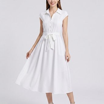 Women's Collared Button Front Cap Sleeve Midi Shirt Dress with Pintuck Bodice Tie Waist