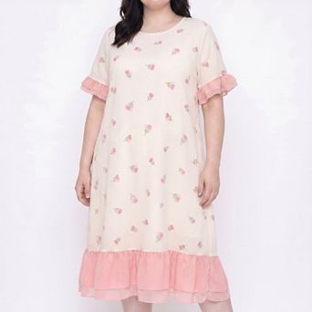 Women's Plus Size Short Sleeve Floral Midi Nightgown Ruffle Trim Relaxed Sleep Dress
