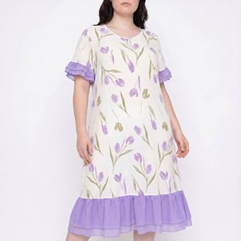 Women's Plus Size Short Sleeve Floral Midi Nightgown Ruffle Trim Relaxed Sleep Dress