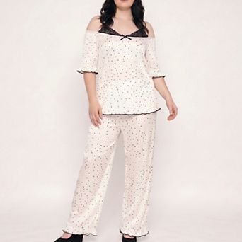 Women's Plus Size 2 pc Polka Dot Off Shoulder Pajama Top and Wide Leg Pants Sleepwear Lounge Set