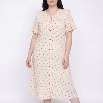 Women's Plus Size Short Sleeve Button Front Midi Nightgown Ruffle Collar Tie Neck Sleep Dress