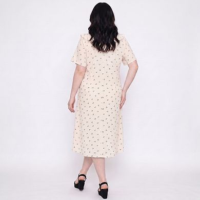 Women's Plus Size Short Sleeve Button Front Midi Nightgown Ruffle Collar Tie Neck Sleep Dress