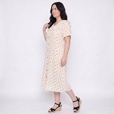 Women's Plus Size Short Sleeve Button Front Midi Nightgown Ruffle Collar Tie Neck Sleep Dress