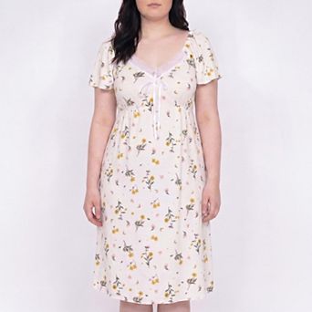 Women's Plus Size Floral Midi Nightgown Short Sleeve Lace Trim V-Neck Tie Front Sleep Dress