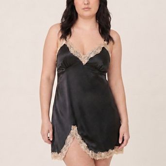 Women's Plus Size Satin-Like Lace Trim Cami Nightgown with V-Neck Slim Straps Side Slit