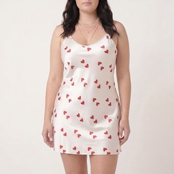 Women's Plus Size Heart Print Satin-Like Cami Nightgown with Slim Straps V-Neckline and Mini Fit