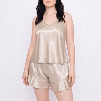 Women's Plus Size 2 pc Satin-Like Cami Top and Ruffle Shorts Pajama Lounge Set with Slim Straps