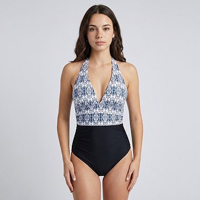 Women's Printed Halter One Piece Swimsuit with Deep V-Neck Contrast Waist Panel and Classic Leg