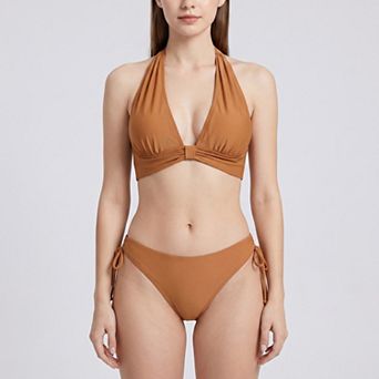 Women's 2 pc Halter Bikini Swimsuit with Ruched Triangle Top Side Tie Bottoms