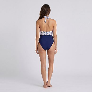 Women's Printed Halter One Piece Swimsuit with Deep V-Neck Contrast Waist Panel Smooth Stretch Fit