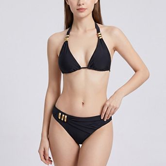 Women's 2 pc Halter Bikini Swimsuit with Triangle Top Metal Bead Detail Ruched Waist Bottoms