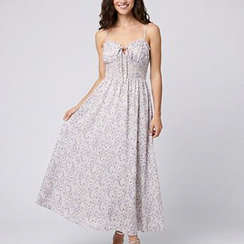 Women's Floral Print Smocked Bodice Maxi Dress with Tie Front Sweetheart Neckline Slim Straps