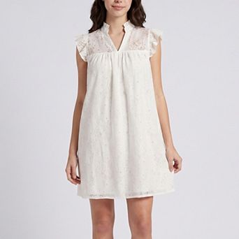 Women's Floral Lace Texture Ruffle Sleeve Mini Dress with Split Neckline Gathered Yoke