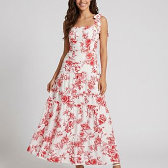 Women's Floral Print Tie Shoulder Smocked Bodice Tiered Maxi Dress with Square Neckline
