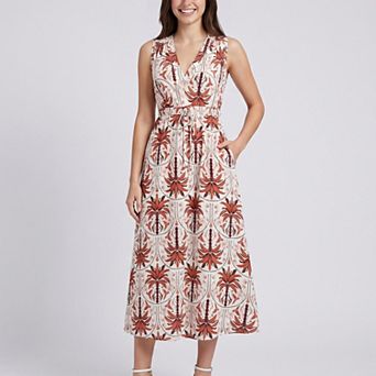 Women's Botanical Print Sleeveless V-Neck Tie Waist Maxi Dress with Side Pockets
