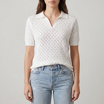 Women's Pointelle Knit Polo Shirt Short Sleeve V-Neck Diamond Pattern Top