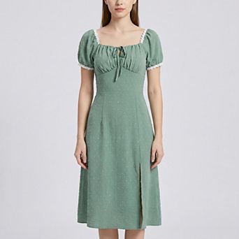 Women's Swiss Dot Puff Sleeve Midi Dress with Lace Trim Square Neckline Tie Front Detail Front Slit
