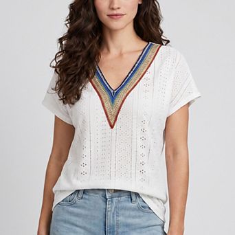 Women's Boho V-Neck Eyelet Blouse Short Sleeve Embroidered Trim Top