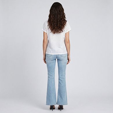 Women's Boho V-Neck Eyelet Blouse Short Sleeve Embroidered Trim Top
