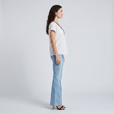 Women's Boho V-Neck Eyelet Blouse Short Sleeve Embroidered Trim Top