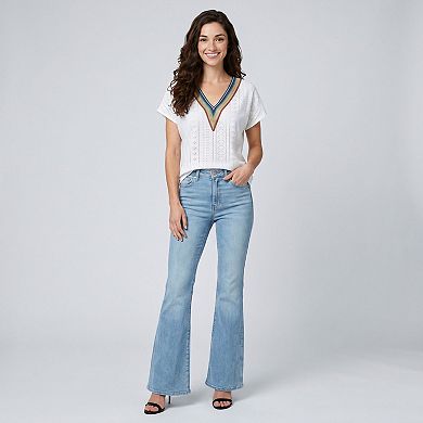 Women's Boho V-Neck Eyelet Blouse Short Sleeve Embroidered Trim Top