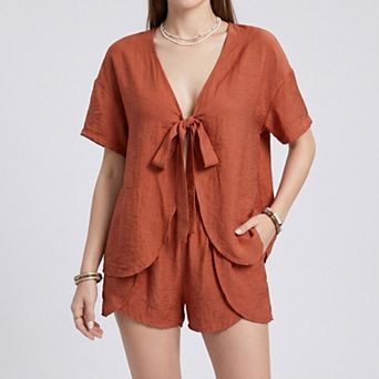 Women's 2 pc Summer Lounge Set with Tie-Front V-Neck Top Short Sleeves and Curved Hem Shorts