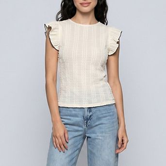 Women's Textured Flutter Sleeve Crewneck Top with Open Back Black Bow Tie