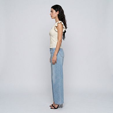Women's Textured Flutter Sleeve Crewneck Top with Open Back Black Bow Tie