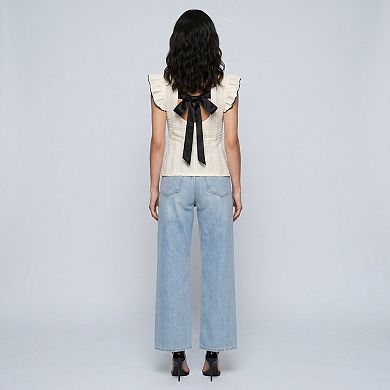 Women's Textured Flutter Sleeve Crewneck Top with Open Back Black Bow Tie
