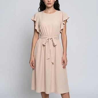 Women's Flutter Sleeve Tie Waist Midi Dress with Round Neckline Flowy A Line Skirt
