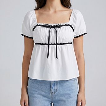 Women's Square Neck Puff Sleeve Blouse Bow Tie Lace Trim Smocked Peplum Top