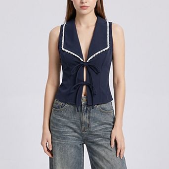 Women's Tie-Front Sleeveless Vest Top V-Neck Lace Trim Tailored Blouse