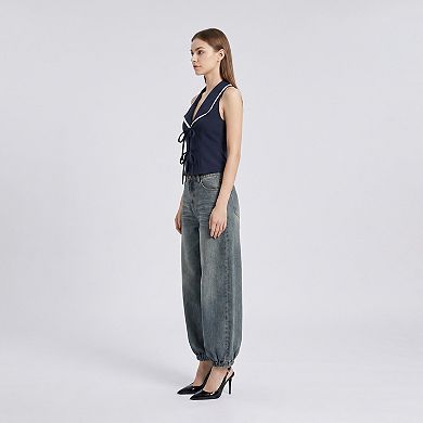 Women's Tie-Front Sleeveless Vest Top V-Neck Lace Trim Tailored Blouse