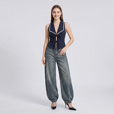 Women's Tie-Front Sleeveless Vest Top V-Neck Lace Trim Tailored Blouse