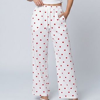 Women's Heart Print Wide Leg Lounge Pants Elastic Drawstring Waist Casual Trousers with Pockets