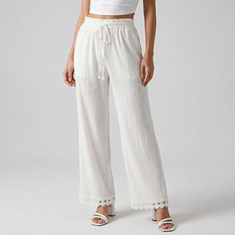 Women's White Crinkle Wide Leg Pants Elastic Drawstring Waist Lace Trim Boho Trousers